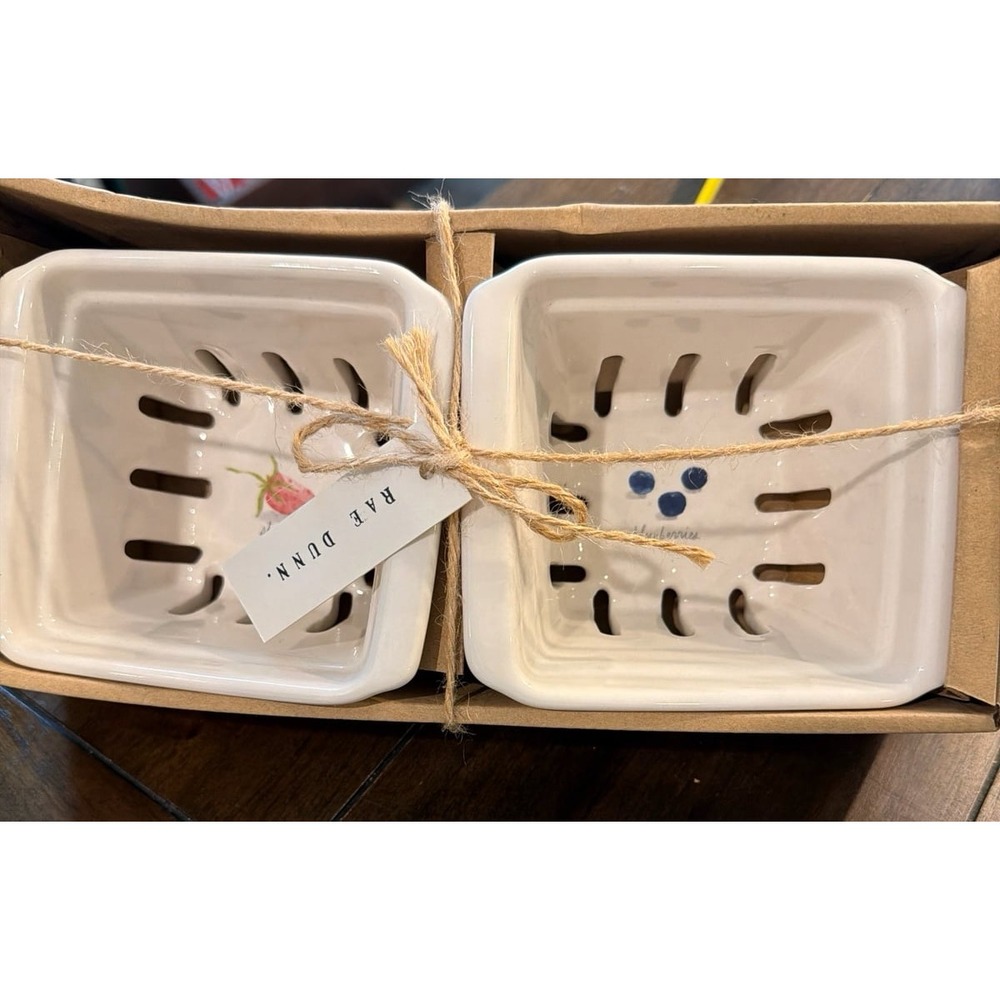 Rae Dunn Strawberry Blueberry Ceramic Berry Basket Set of 2 NIB Gift Set